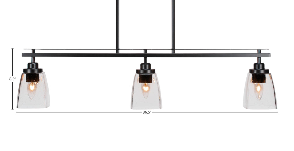 Odyssey Three Light Island Pendant in Matte Black with 4.5" Square Clear Bubble Shade
