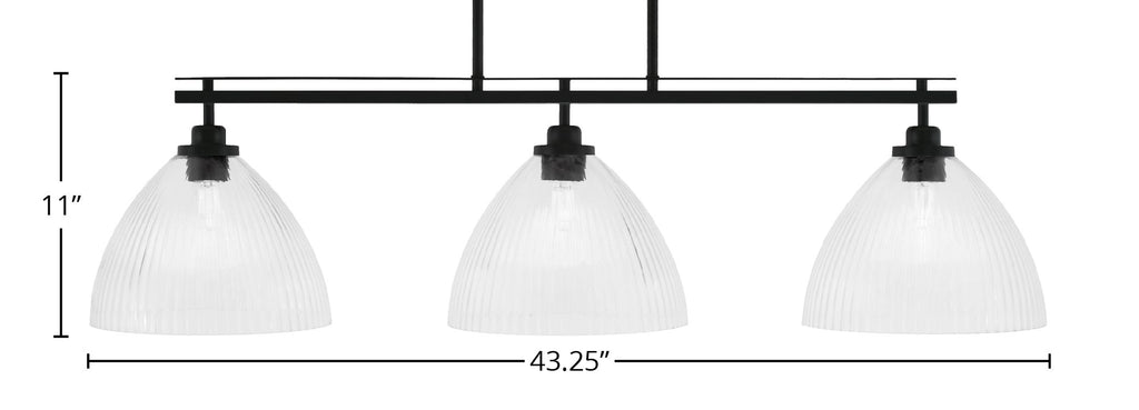 Odyssey Three Light Island Pendant in Matte Black with 10.75" Clear Ribbed Shade