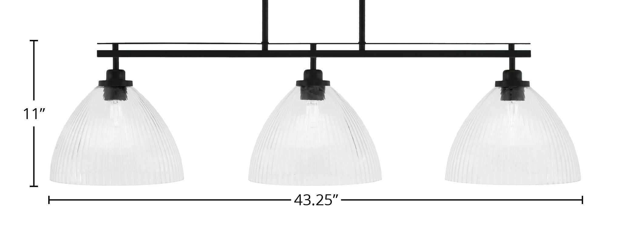 Odyssey Three Light Island Pendant in Matte Black with 10.75" Clear Ribbed Shade