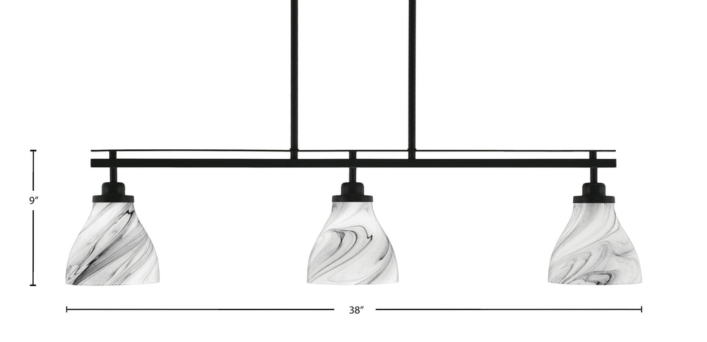 Odyssey Three Light Island Pendant in Matte Black with 6.25" Onyx Swirl Shade