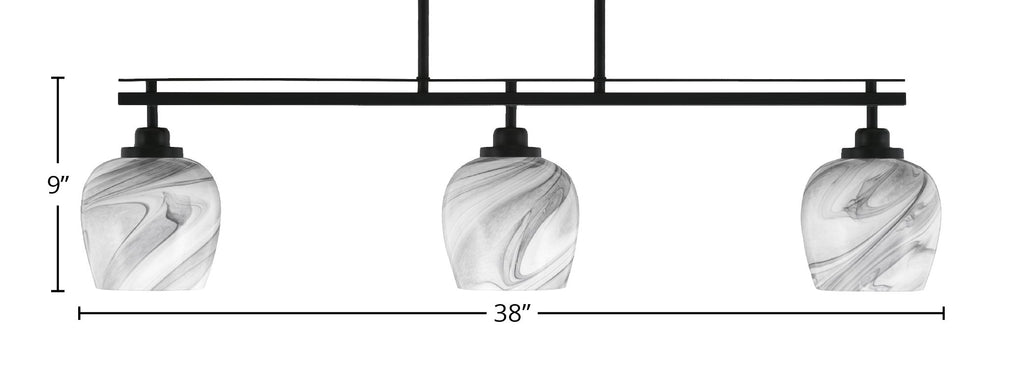 Odyssey Three Light Island Pendant in Matte Black with 6" Onyx Swirl Shade