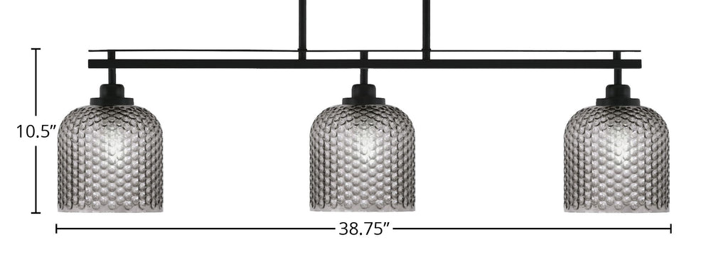 Odyssey Three Light Island Pendant in Matte Black with 7" Smoke Textured Shade