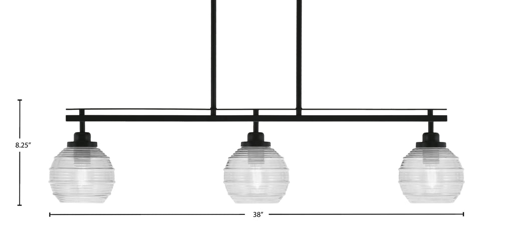Odyssey Three Light Island Pendant in Matte Black with 6" Clear Ribbed Shade