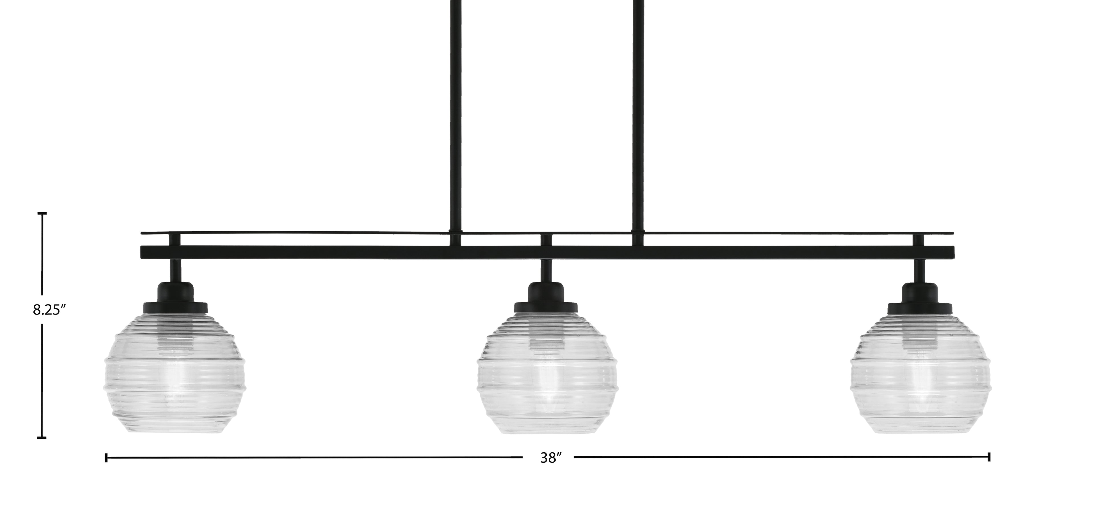 Odyssey Three Light Island Pendant in Matte Black with 6" Clear Ribbed Shade