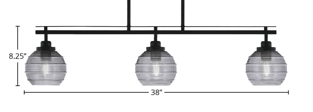 Odyssey Three Light Island Pendant in Matte Black with 6" Smoke Ribbed Shade