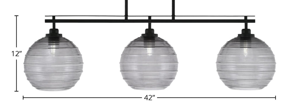 Odyssey Three Light Island Pendant in Matte Black with 10" Smoke Ribbed Shade