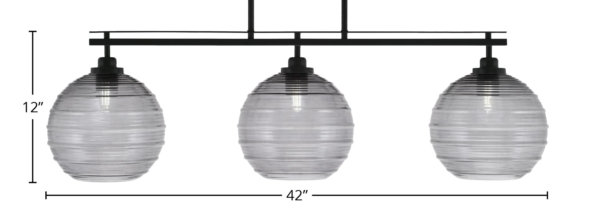 Odyssey Three Light Island Pendant in Matte Black with 10" Smoke Ribbed Shade
