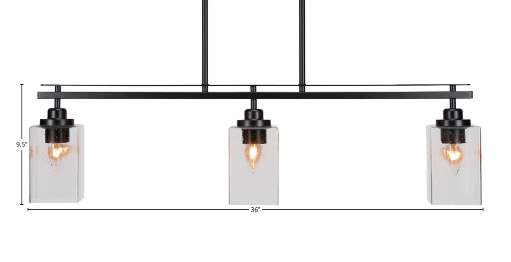 Odyssey Three Light Island Pendant in Matte Black with 4" Square Clear Bubble Shade