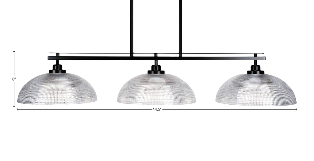 Odyssey Three Light Island Pendant in Matte Black with 13" Clear Ribbed Shade