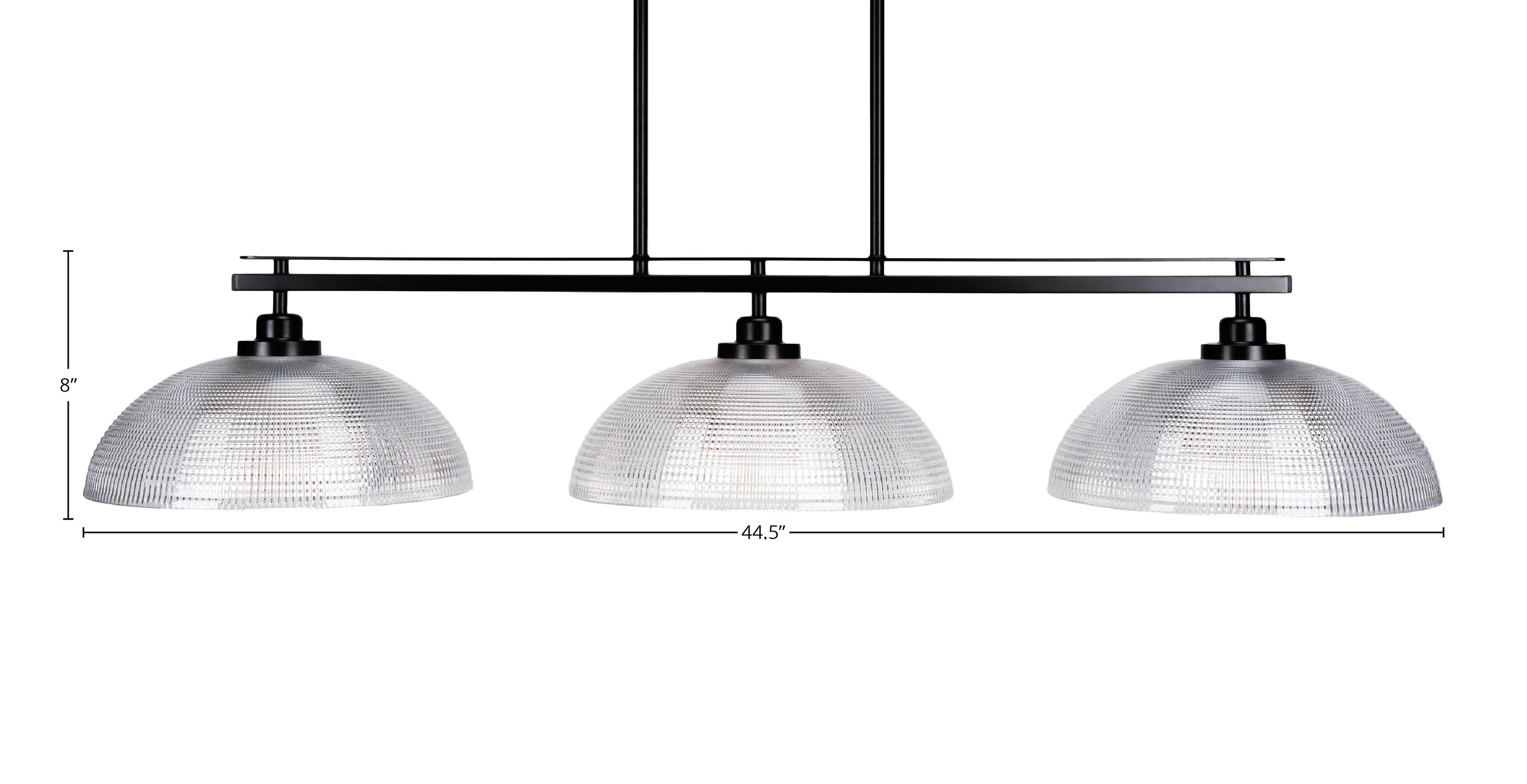 Odyssey Three Light Island Pendant in Matte Black with 13" Clear Ribbed Shade