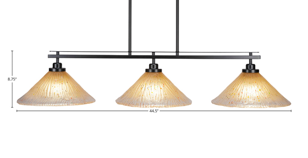 Odyssey Three Light Island Pendant in Matte Black with 12" Amber Crystal Shade