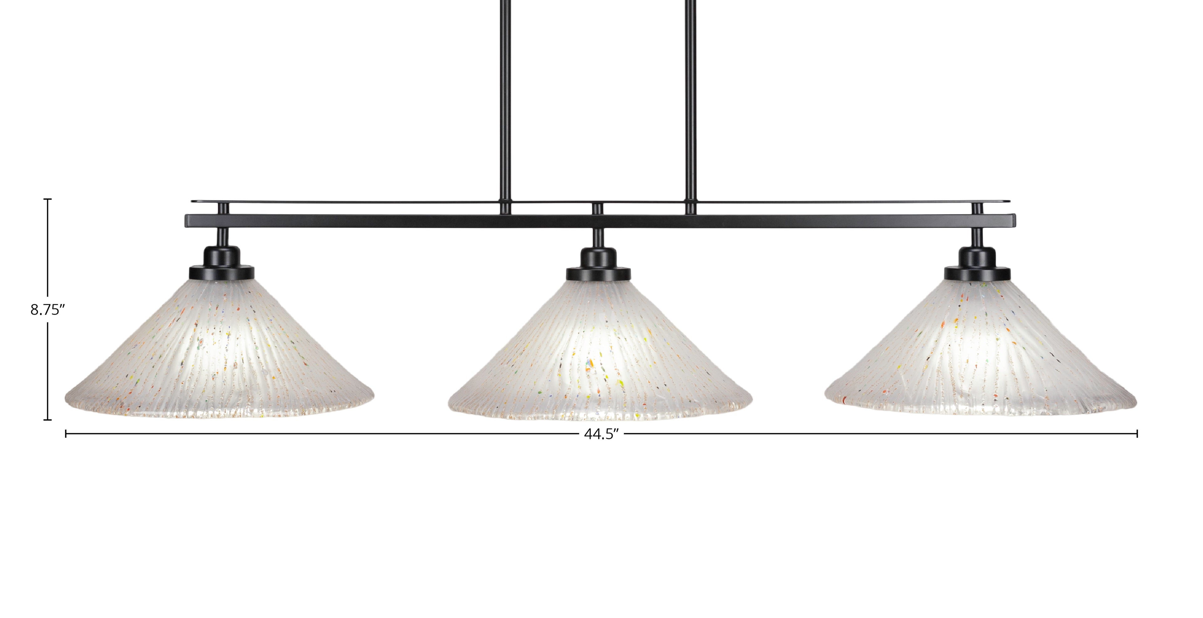 Odyssey Three Light Island Pendant in Matte Black with 12" Frosted Crystal Shade