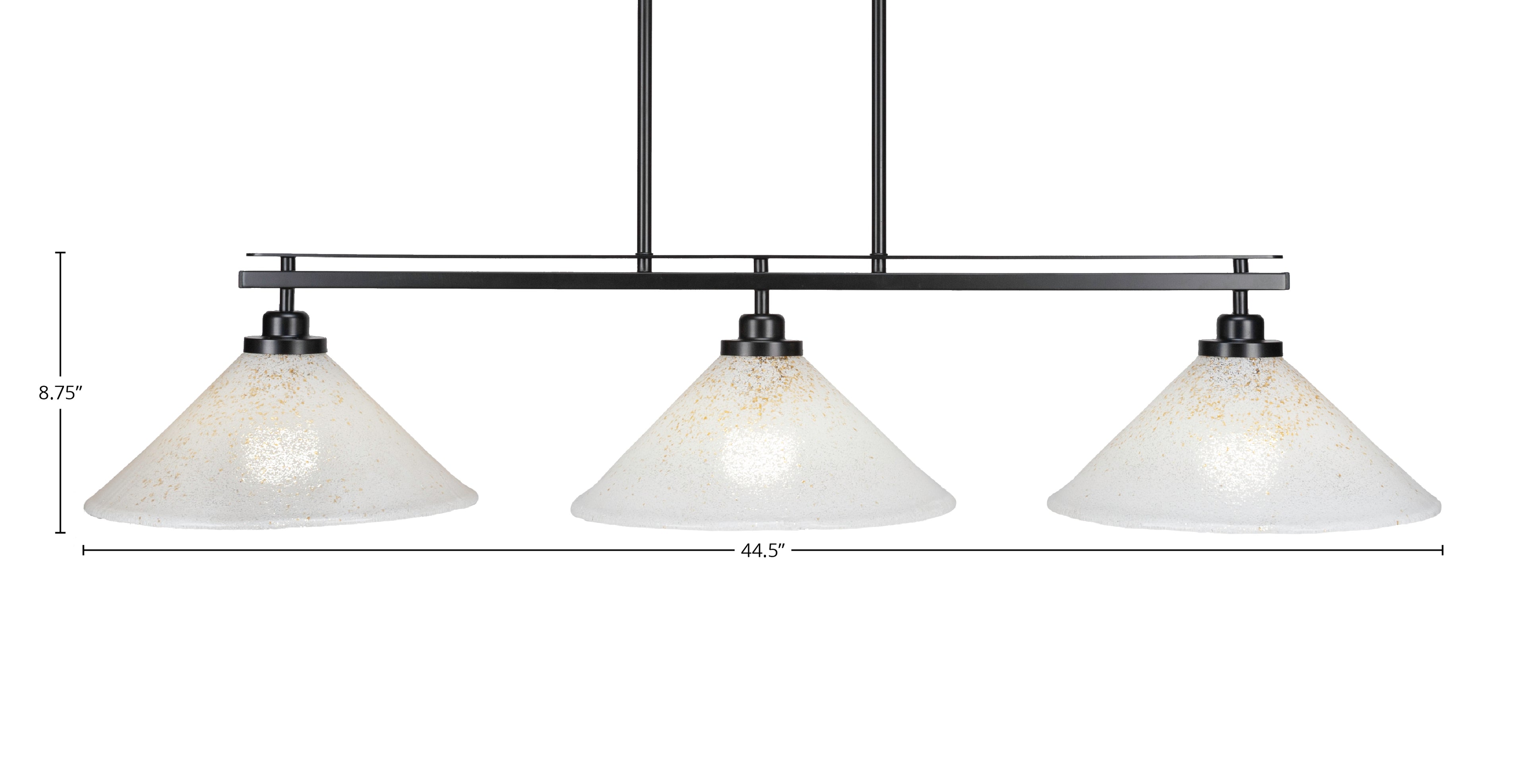 Odyssey Three Light Island Pendant in Matte Black with 12" Gold Ice Shade