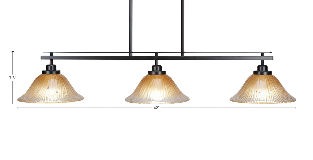 Odyssey Three Light Island Pendant in Matte Black with 10" Amber Crystal Shade