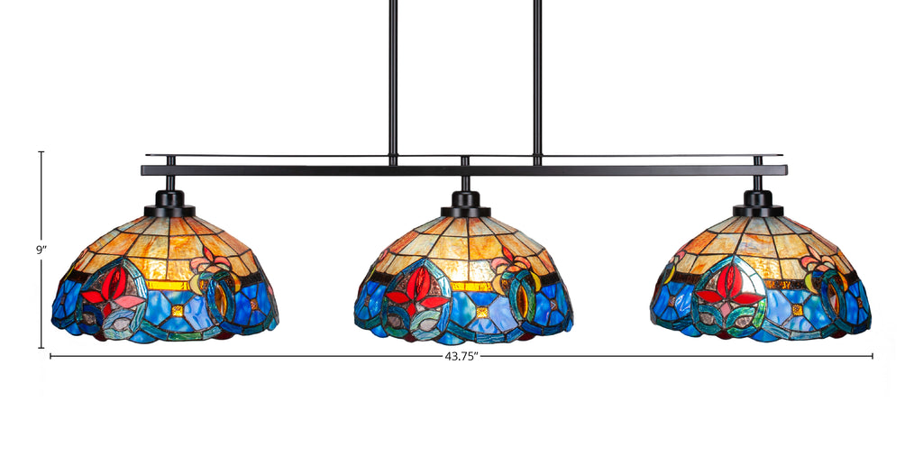 Odyssey Three Light Island Pendant in Matte Black with 12" Sierra Art Glass Shade