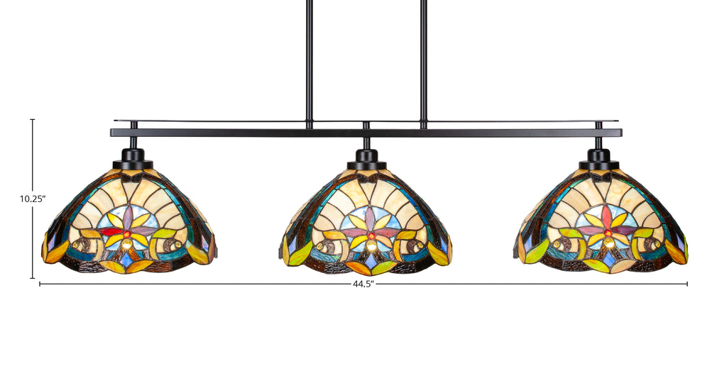 Odyssey Three Light Island Pendant in Matte Black with 12" Earth Star Art Glass Shade