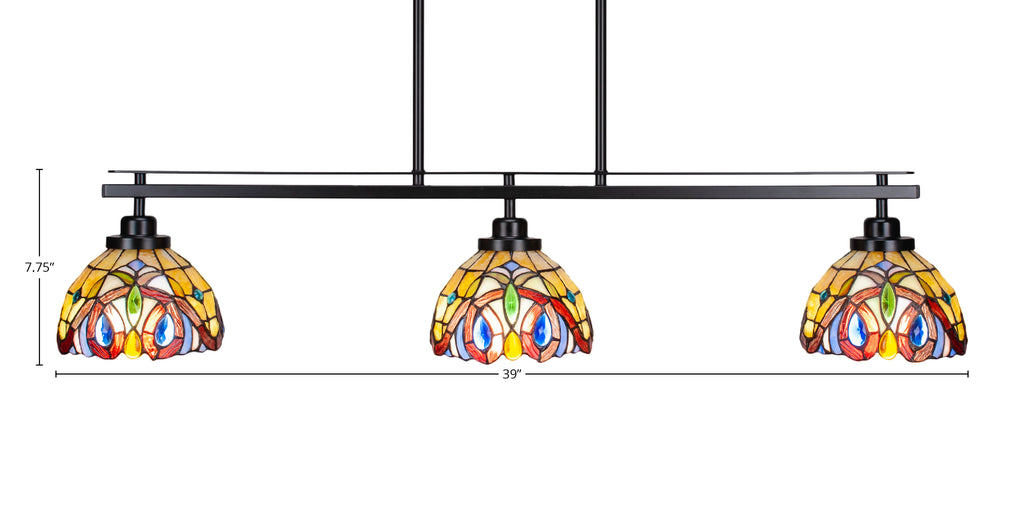 Odyssey Three Light Island Pendant in Matte Black with 7" Lynx Art Glass Shade