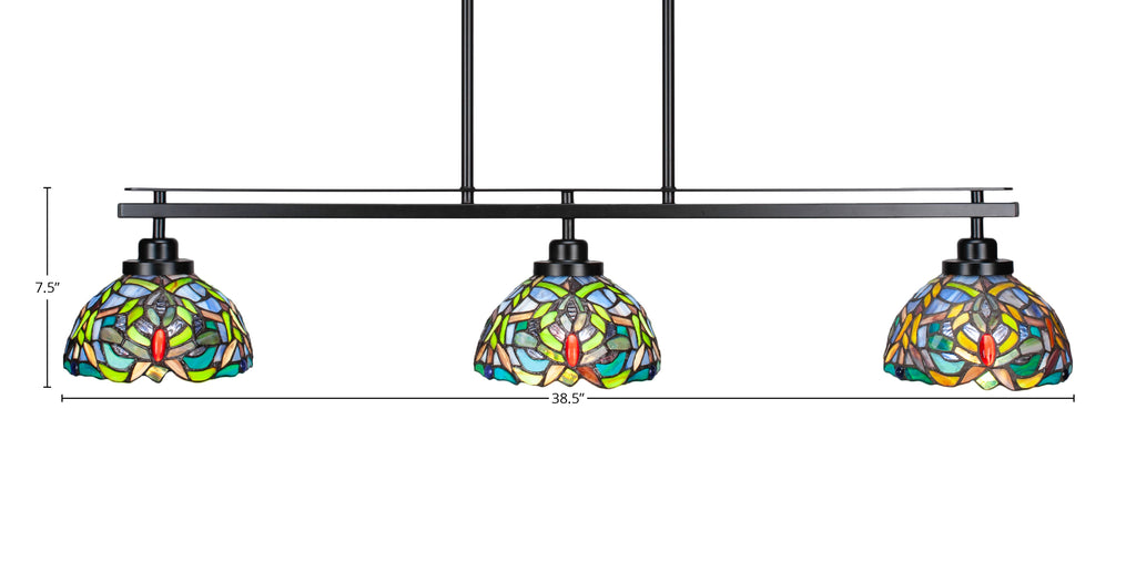 Odyssey Three Light Island Pendant in Matte Black with 7" Kaleidoscope Art Glass Shade