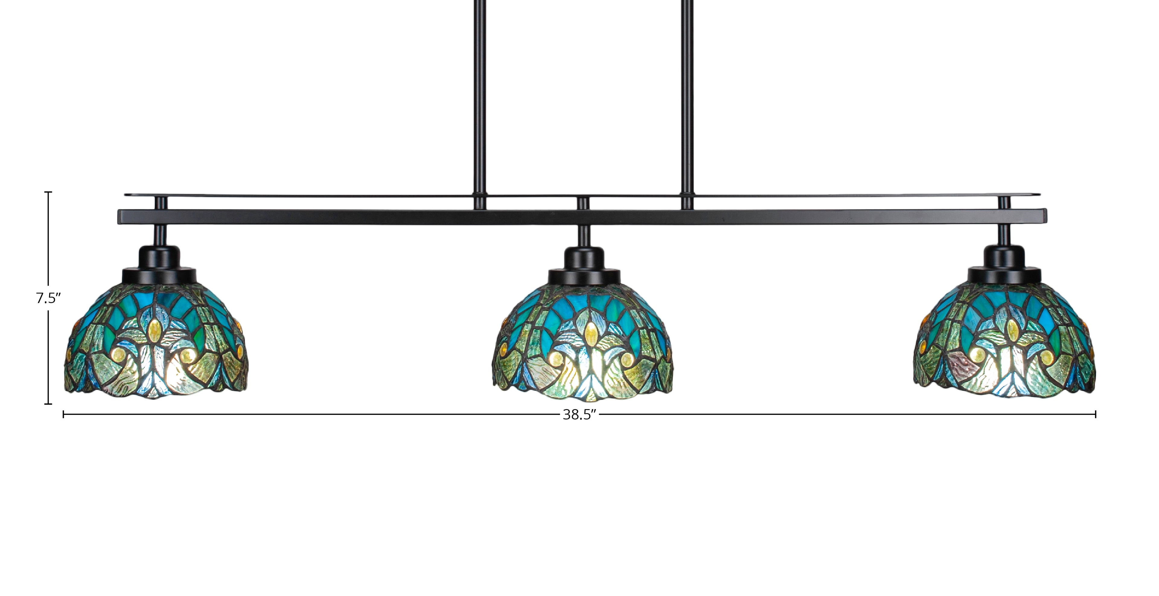 Odyssey Three Light Island Pendant in Matte Black with 7" Turquoise Cypress Art Glass Shade