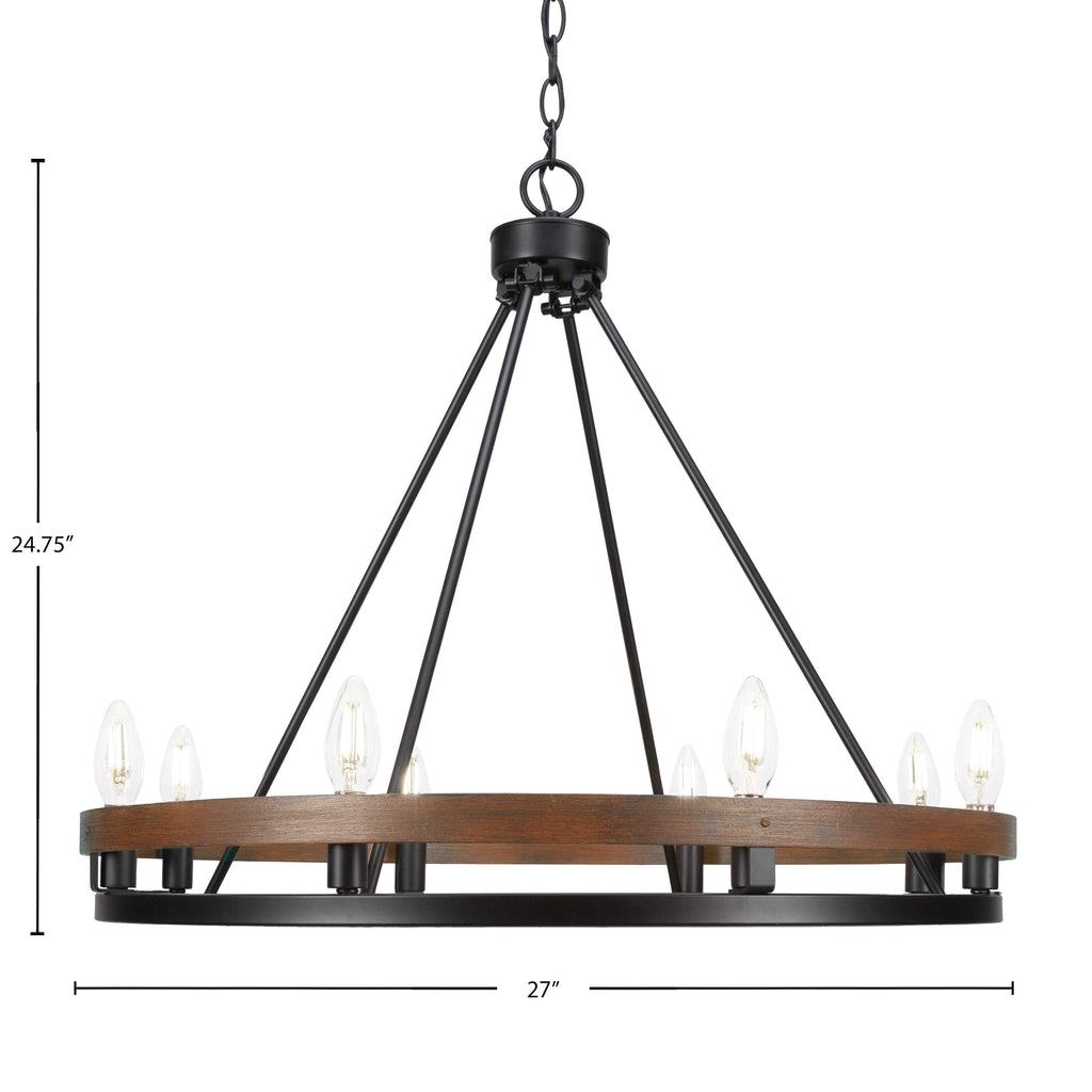 Belmont Eight Light Chandelier in Matte Black & Painted Wood-look Metal
