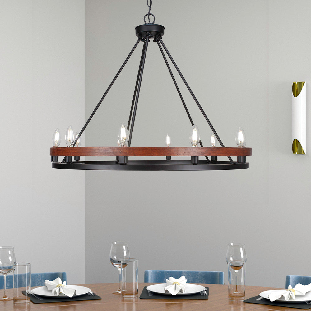 Belmont Ten Light Chandelier in Matte Black & Painted Wood-look Metal