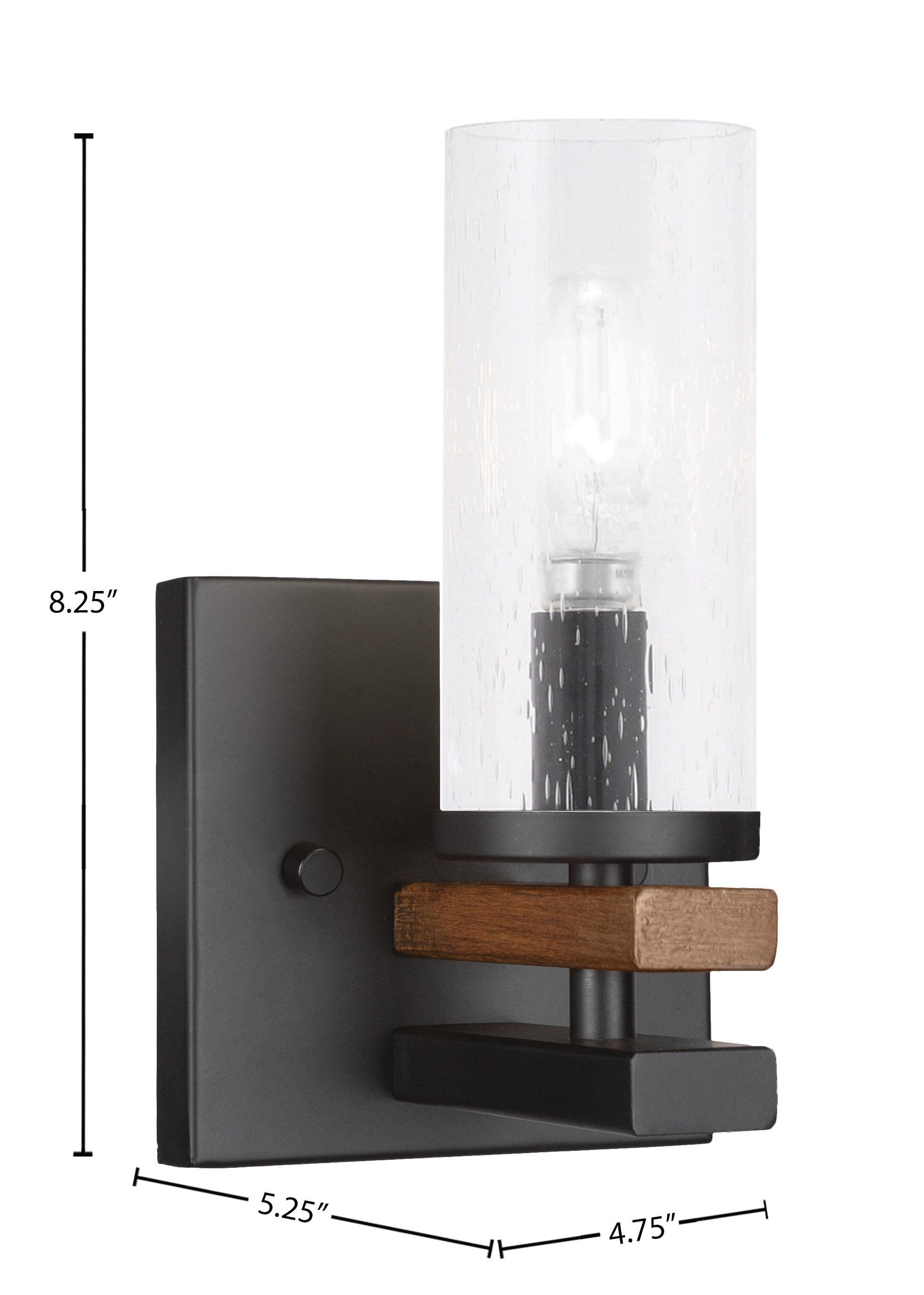 Belmont One Light Wall Sconce in Matte Black & Painted Wood-look Metal with 2.5" Clear Bubble Shade