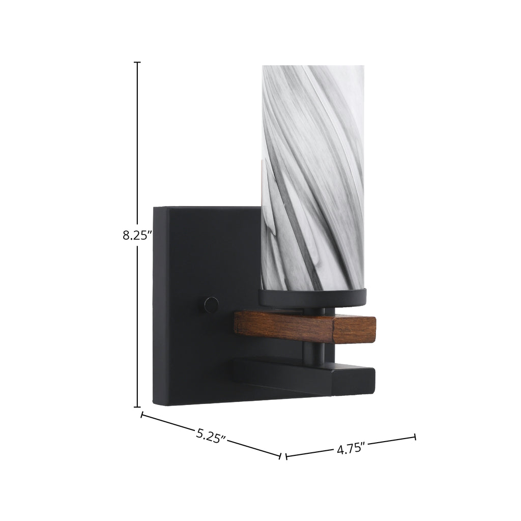 Belmont One Light Wall Sconce in Matte Black & Painted Wood-look Metal with 2.5" Onyx Swirl Shade