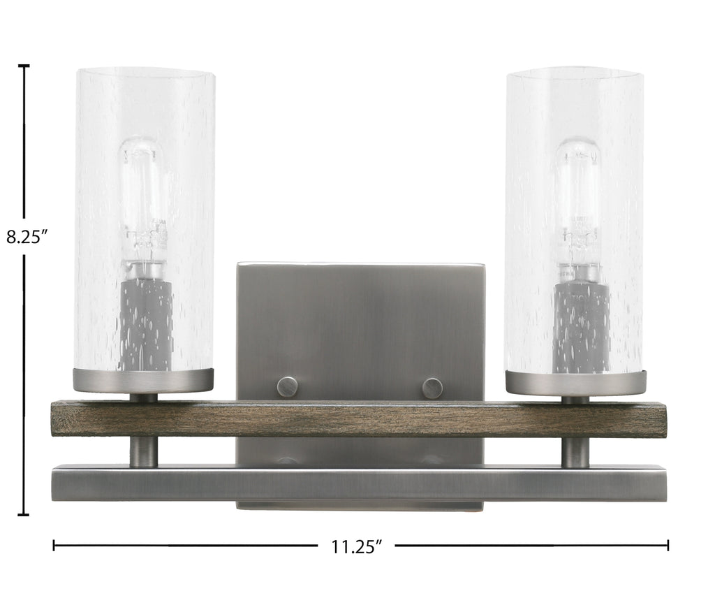 Belmont Two Light Bath Bar in Graphite & Painted Distressed Wood-look Metal with 2.5" Clear Bubble Shade
