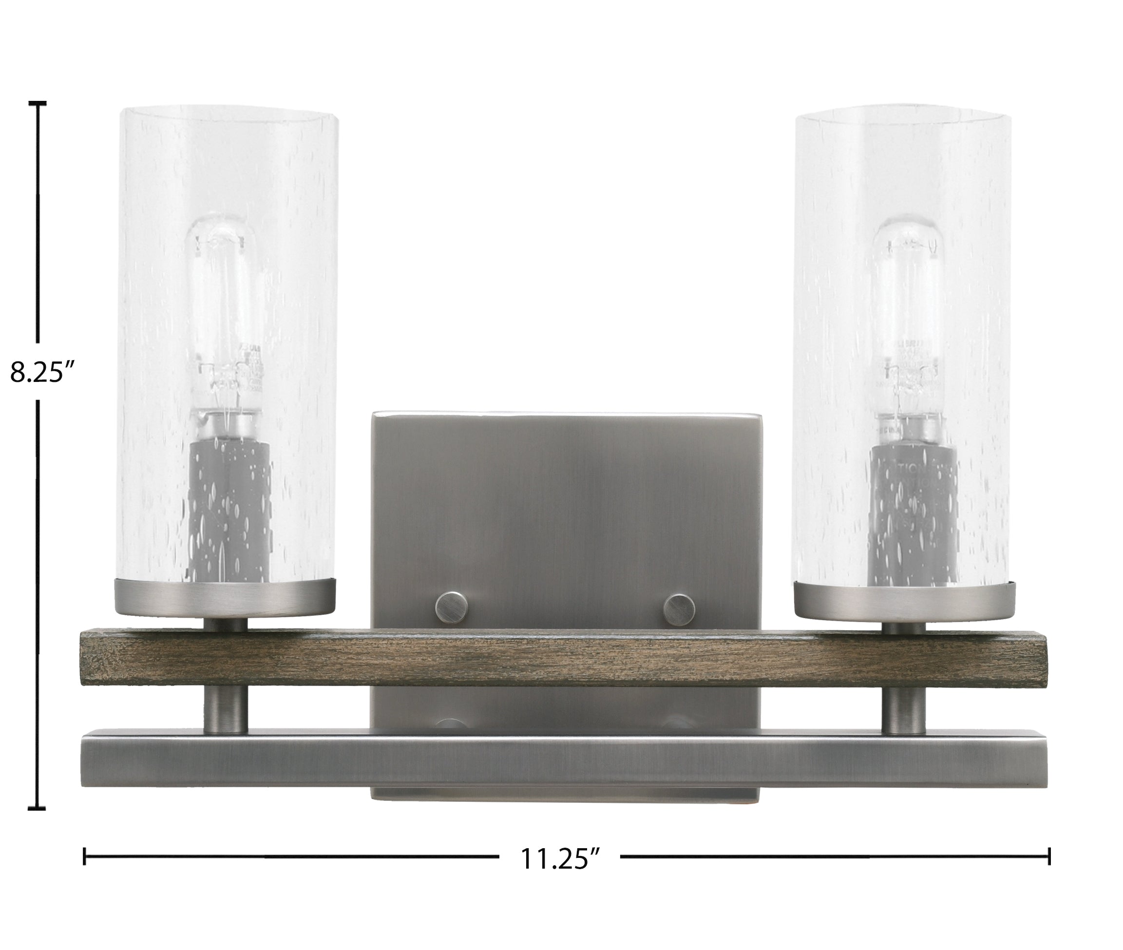Belmont Two Light Bath Bar in Graphite & Painted Distressed Wood-look Metal with 2.5" Clear Bubble Shade
