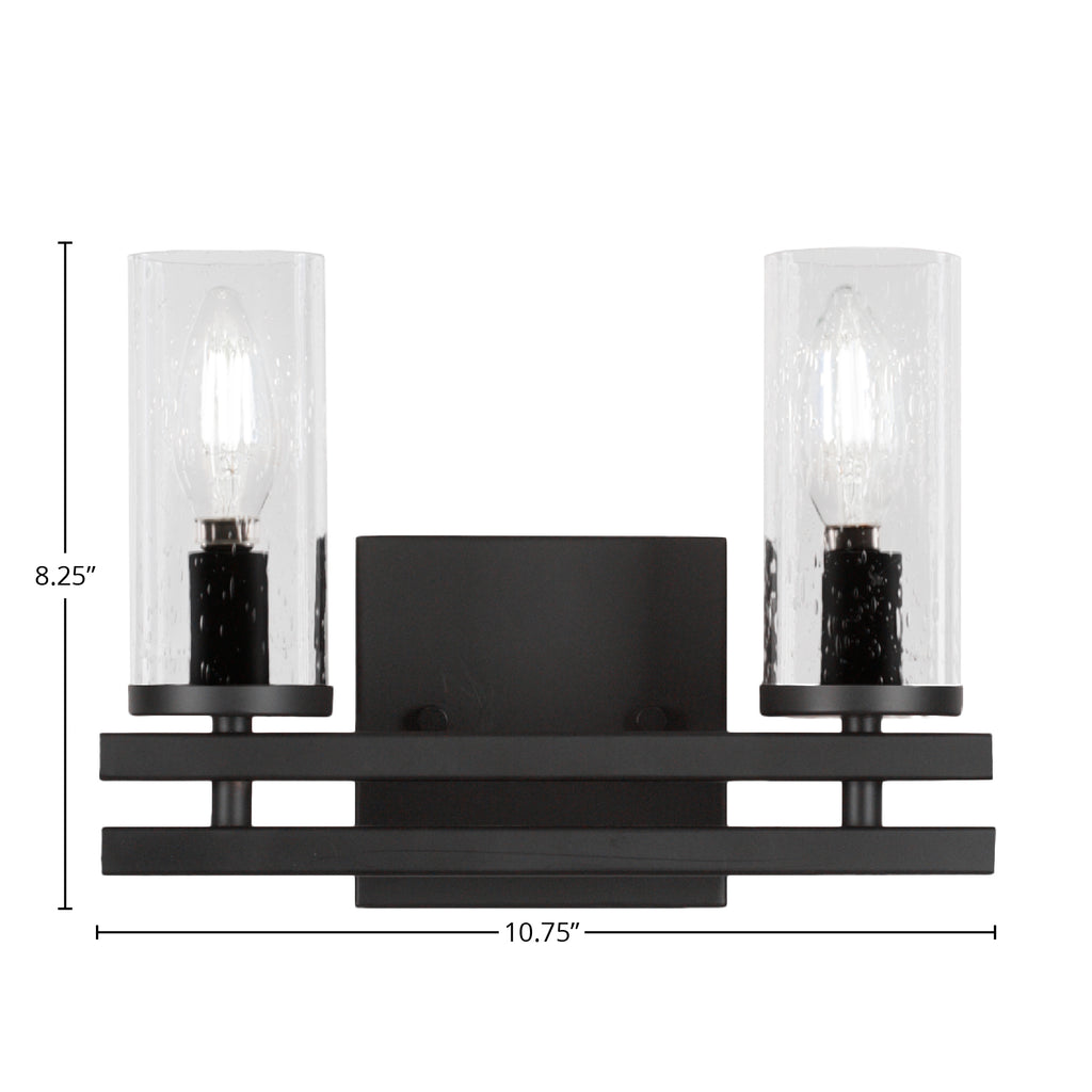 Belmont Two Light Bath Bar in Matte Black with 2.5" Clear Bubble Shade