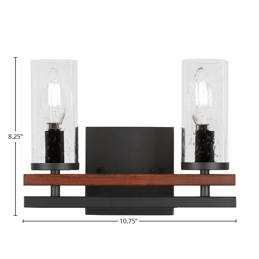 Belmont Two Light Bath Bar in Matte Black & Painted Wood-look Metal with 2.5" Clear Bubble Shade