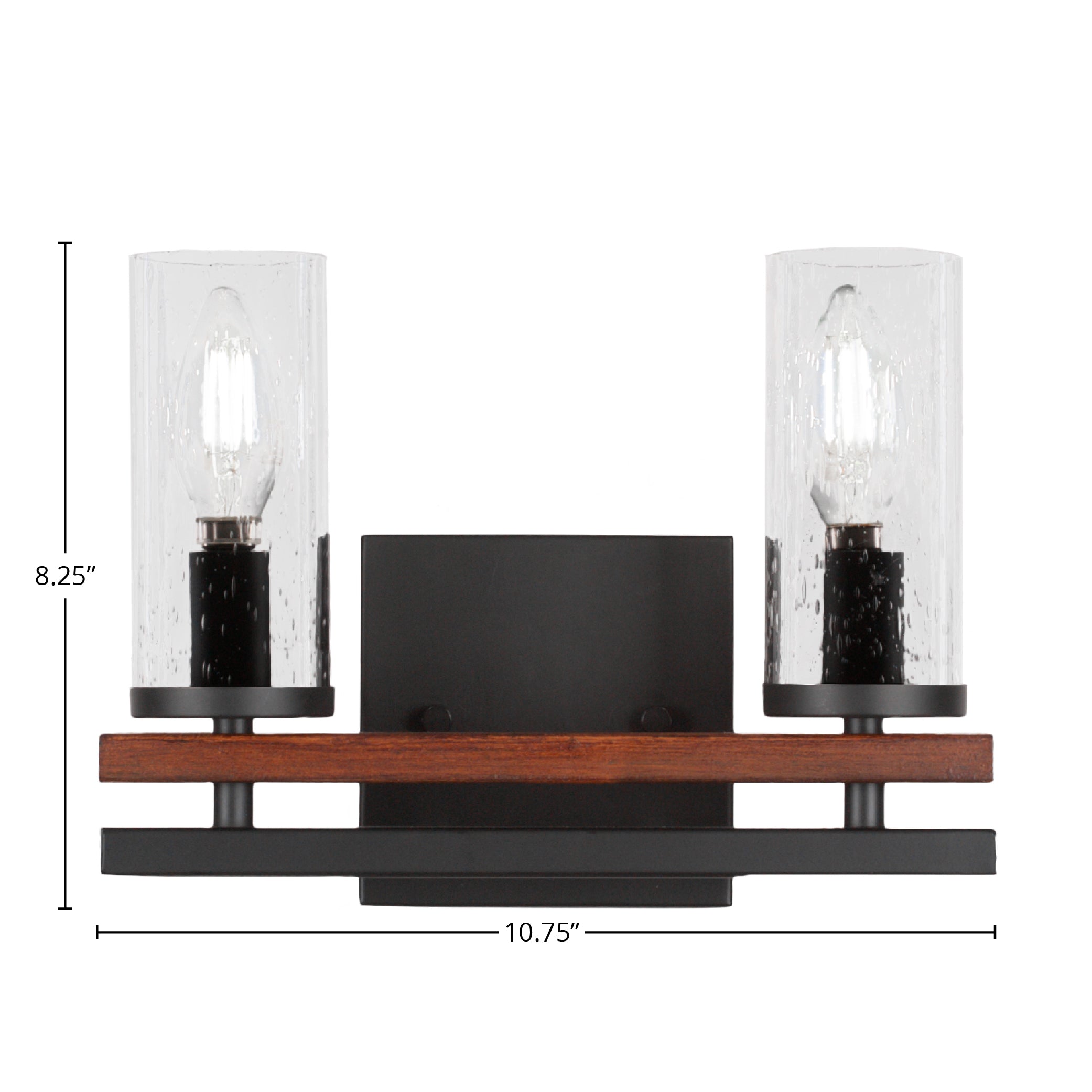 Belmont Two Light Bath Bar in Matte Black & Painted Wood-look Metal with 2.5" Clear Bubble Shade