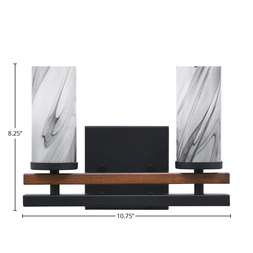 Belmont Two Light Bath Bar in Matte Black & Painted Wood-look Metal with 2.5" Onyx Swirl Shade
