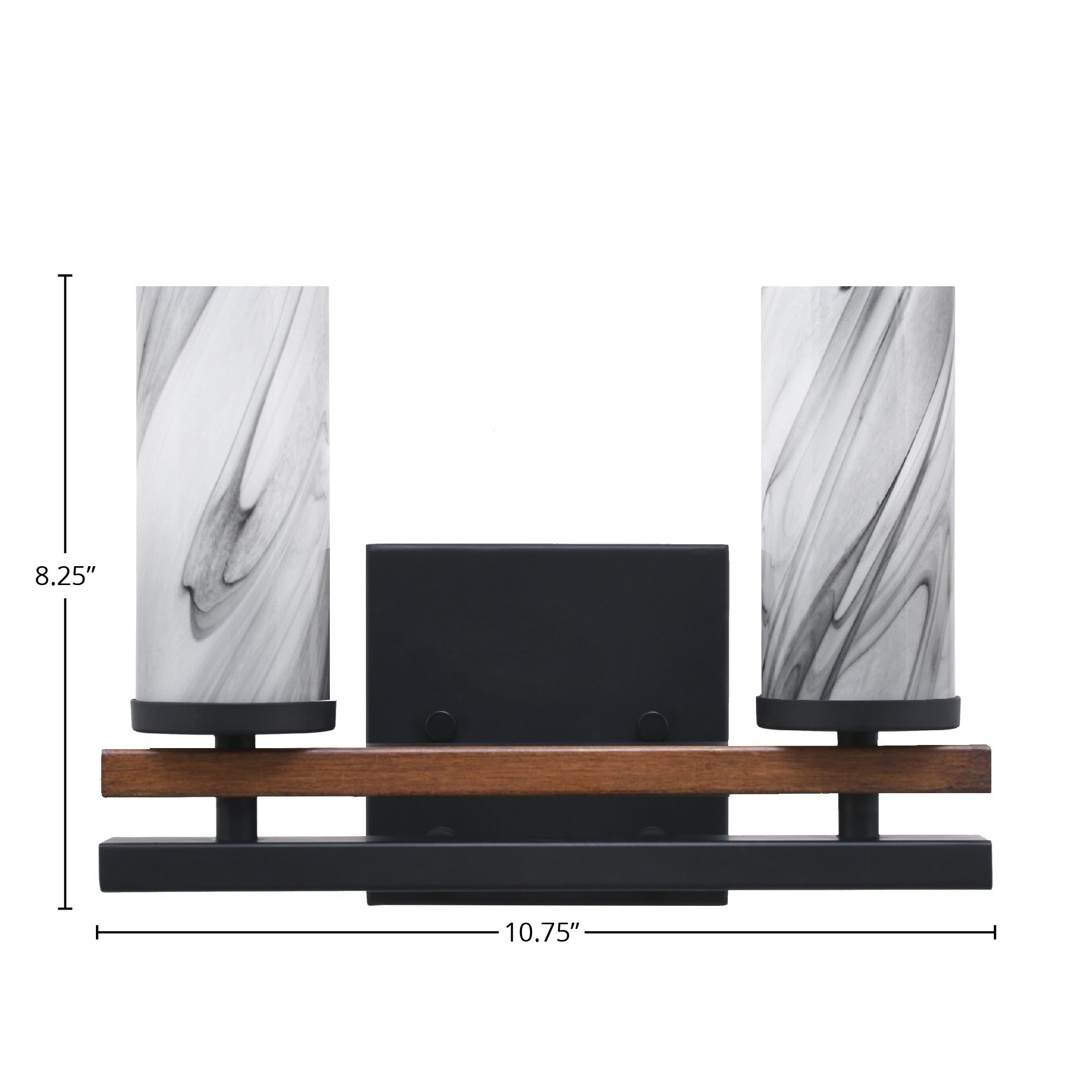 Belmont Two Light Bath Bar in Matte Black & Painted Wood-look Metal with 2.5" Onyx Swirl Shade