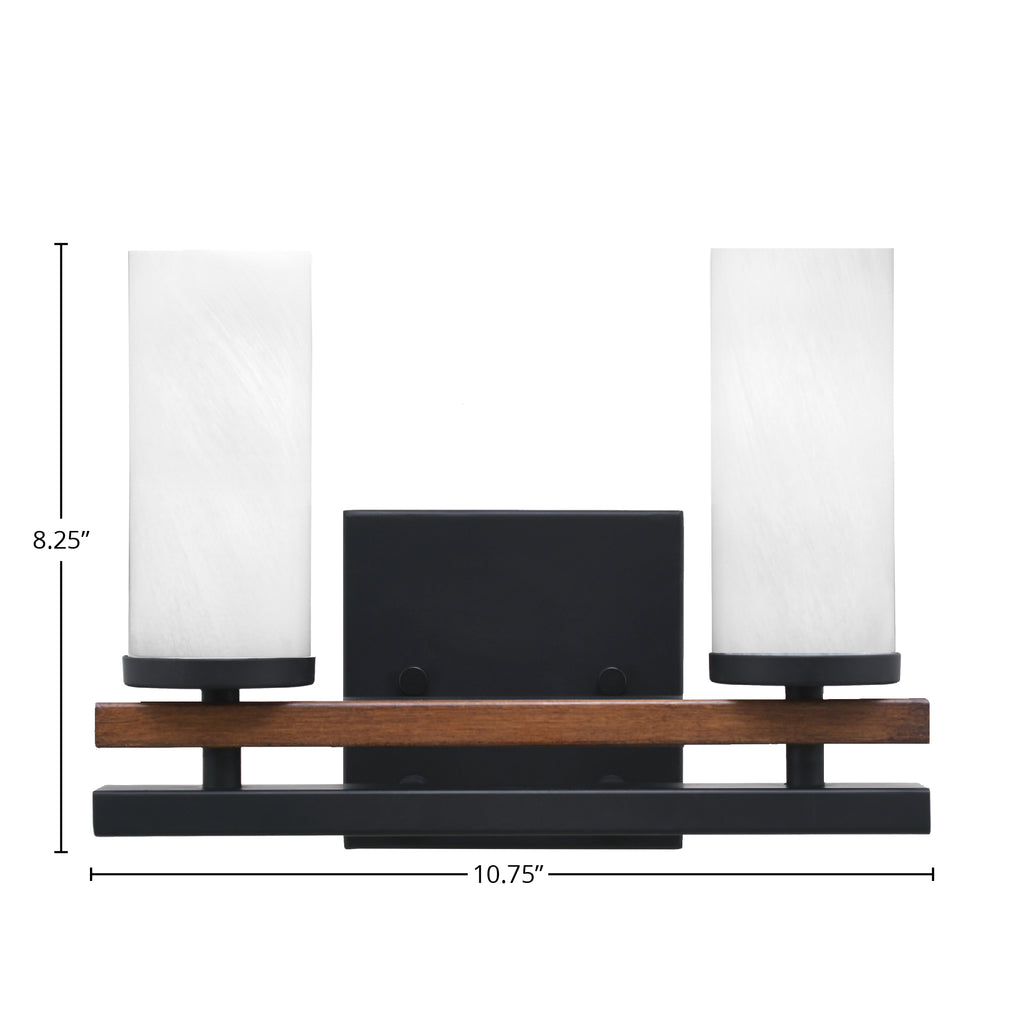 Belmont Two Light Bath Bar in Matte Black & Painted Wood-look Metal with 2.5" White Marble Shade