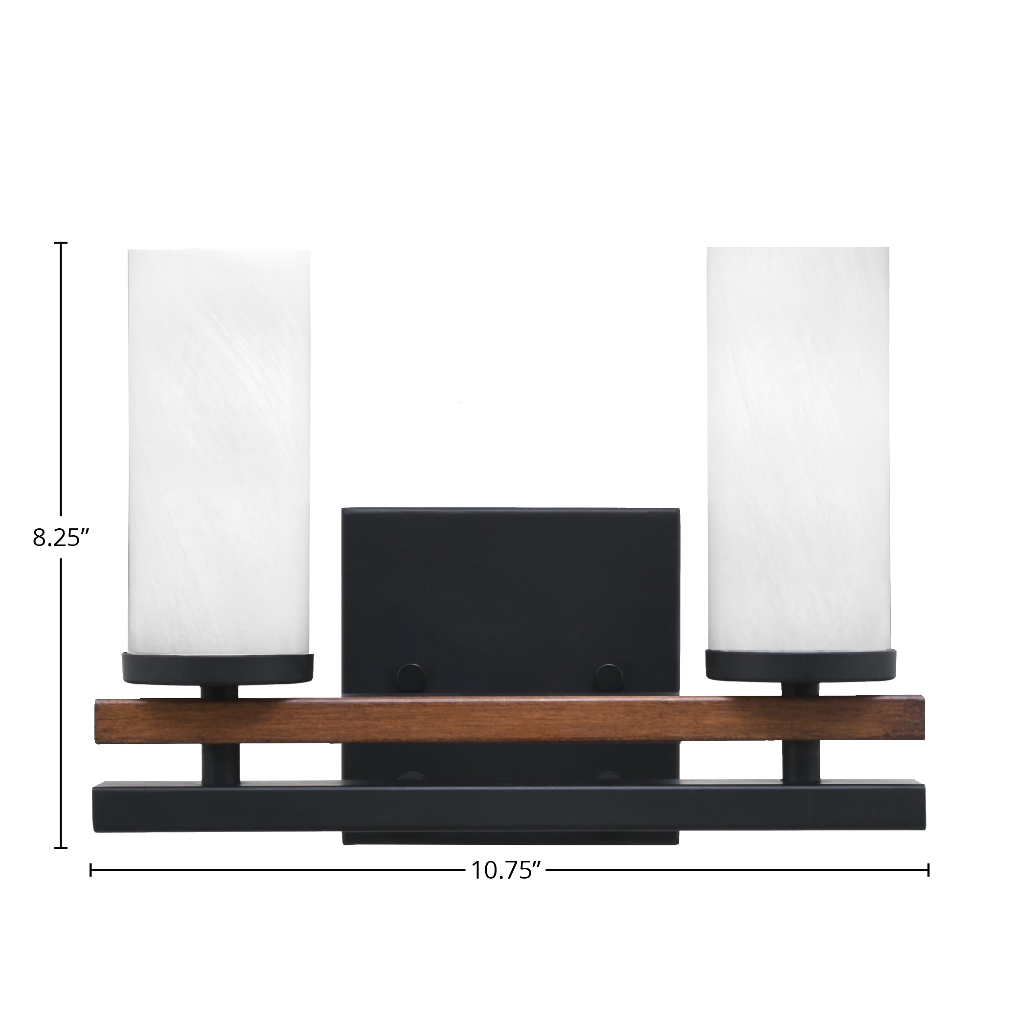 Belmont Two Light Bath Bar in Matte Black & Painted Wood-look Metal with 2.5" White Marble Shade
