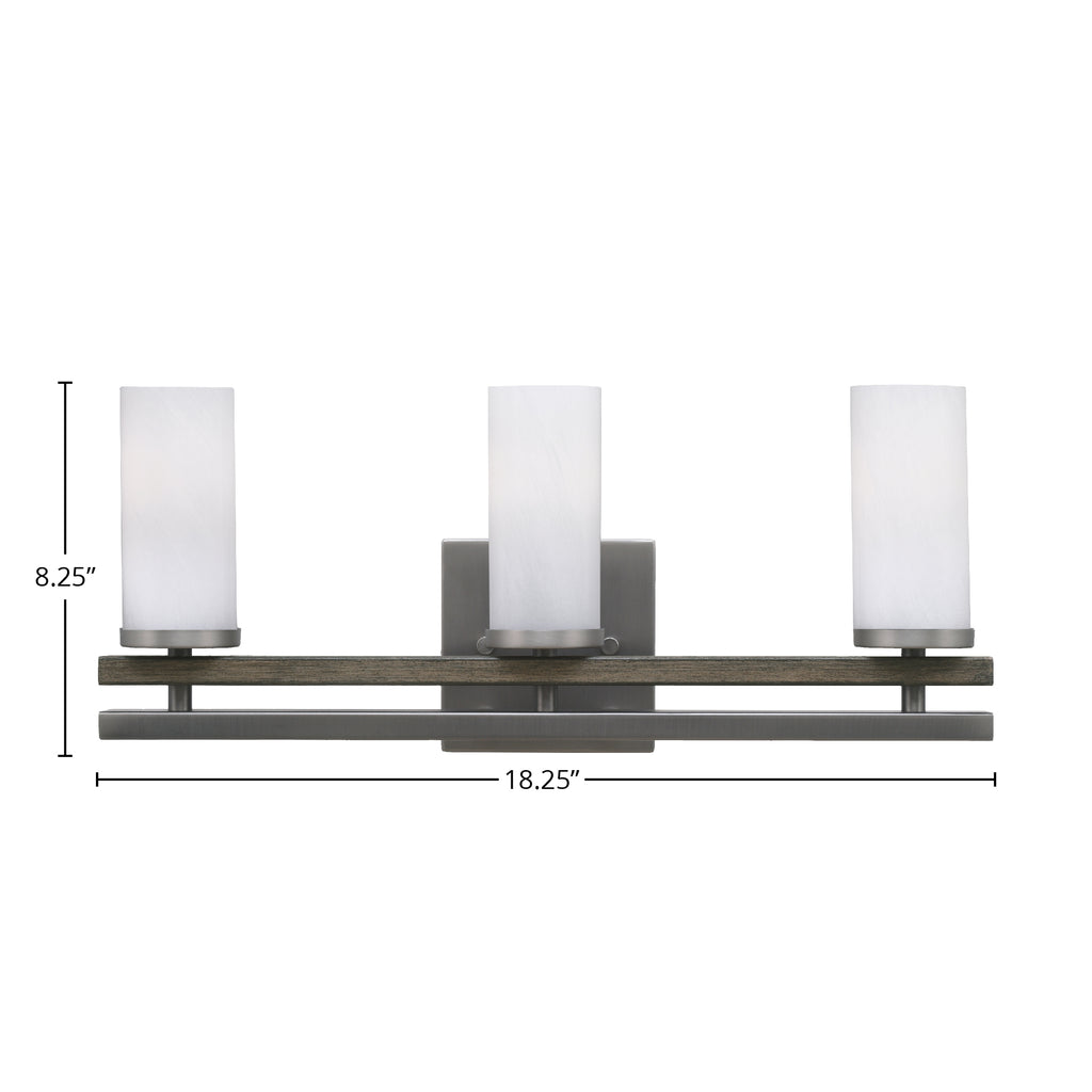 Belmont Three Light Bath Bar in Graphite & Painted Distressed Wood-look Metal with 2.5" White Marble Shade