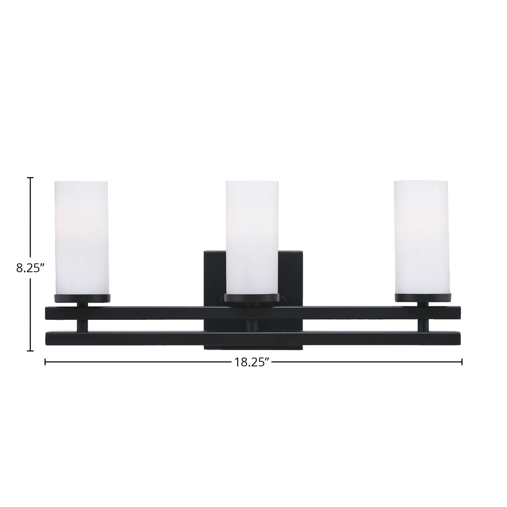 Belmont Three Light Bath Bar in Matte Black with 2.5" White Marble Shade