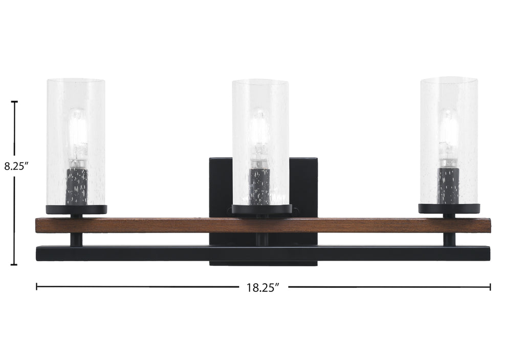 Belmont Three Light Bath Bar in Matte Black & Painted Wood-look Metal with 2.5" Clear Bubble Shade