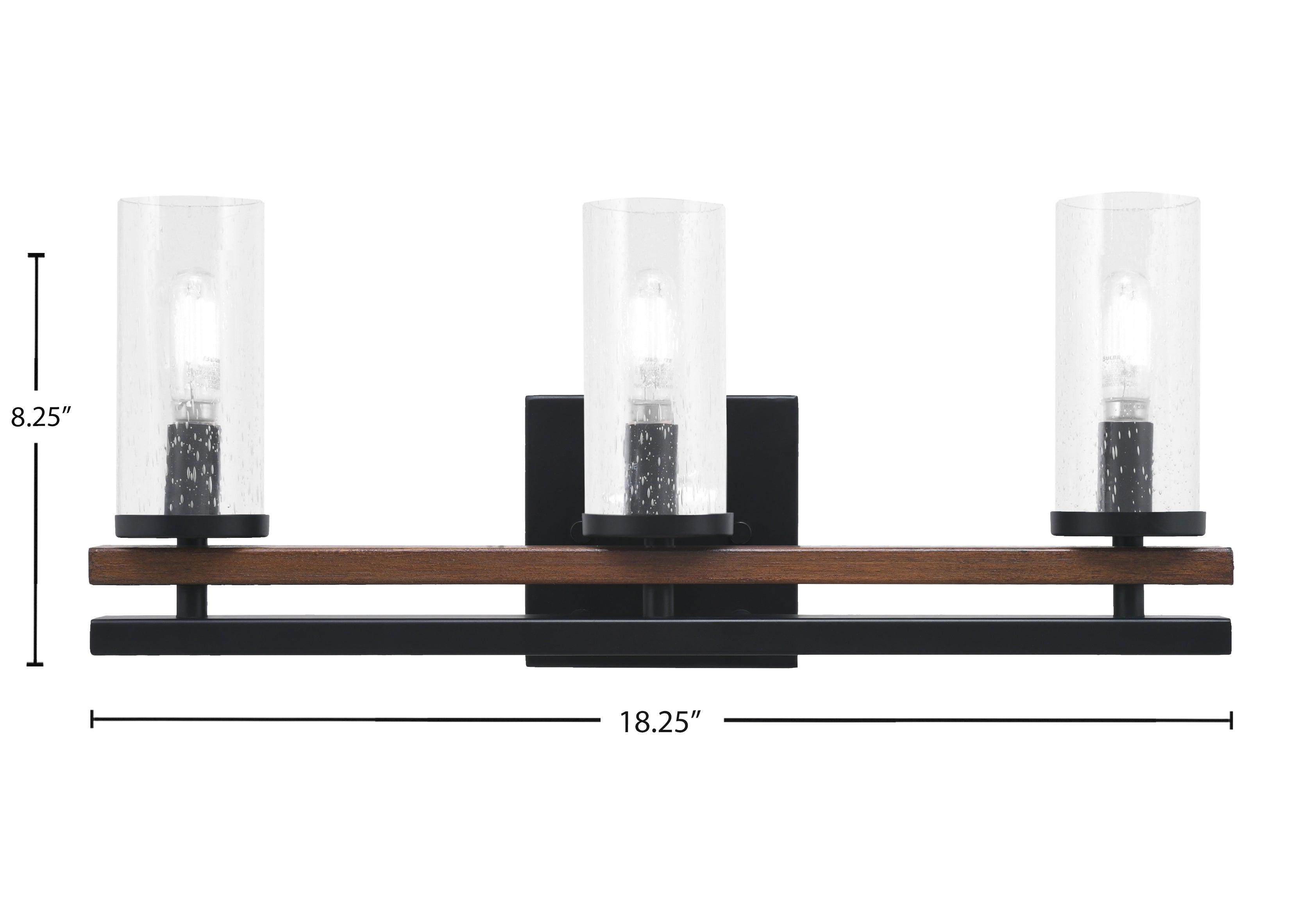 Belmont Three Light Bath Bar in Matte Black & Painted Wood-look Metal with 2.5" Clear Bubble Shade