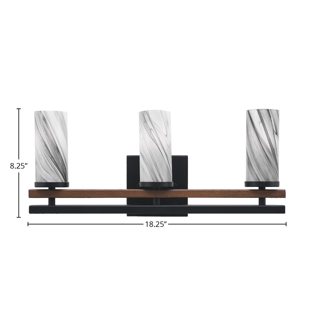 Belmont Three Light Bath Bar in Matte Black & Painted Wood-look Metal with 2.5" Onyx Swirl Shade