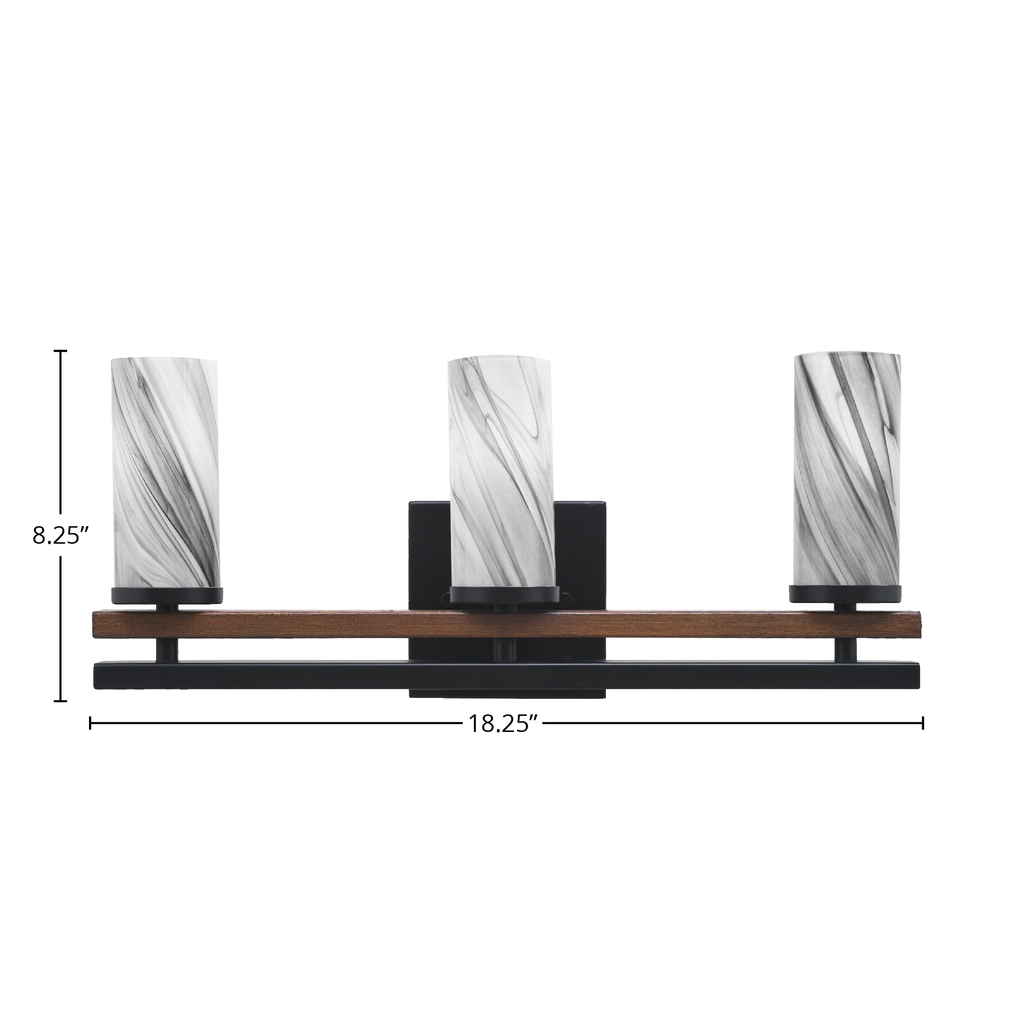 Belmont Three Light Bath Bar in Matte Black & Painted Wood-look Metal with 2.5" Onyx Swirl Shade
