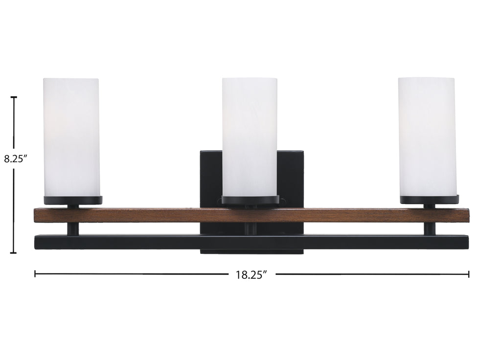 Belmont Three Light Bath Bar in Matte Black & Painted Wood-look Metal with 2.5" White Marble Shade