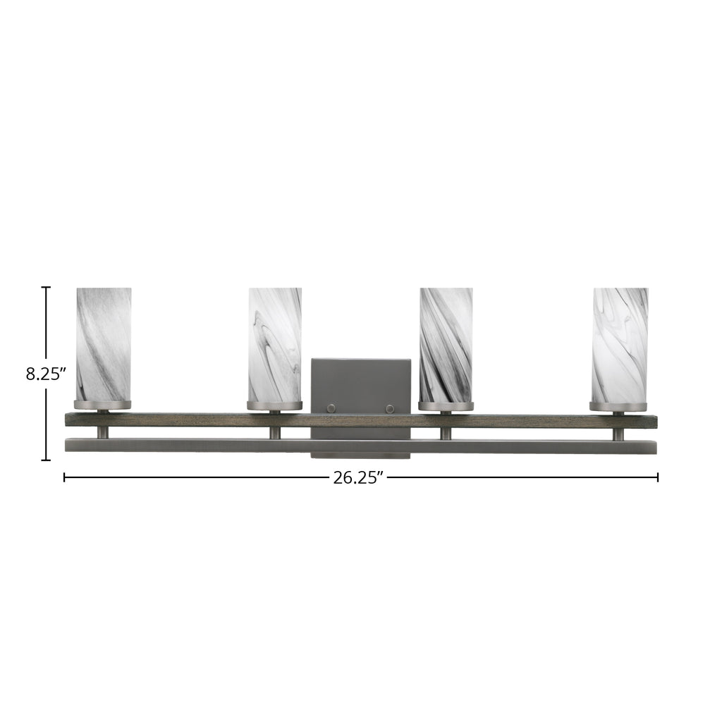 Belmont Four Light Bath Bar in Graphite & Painted Distressed Wood-look Metal with 2.5" Onyx Swirl Shade