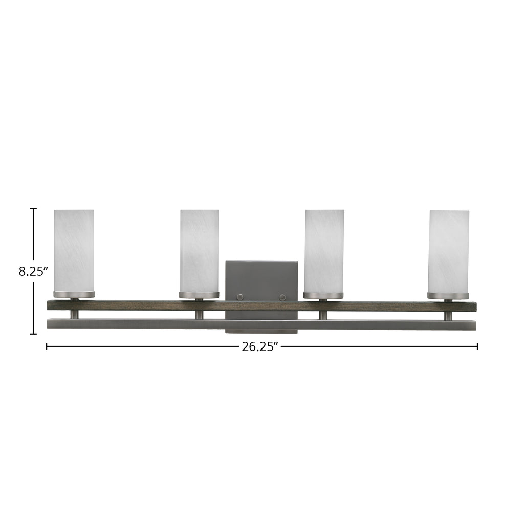 Belmont Four Light Bath Bar in Graphite & Painted Distressed Wood-look Metal with 2.5" White Marble Shade