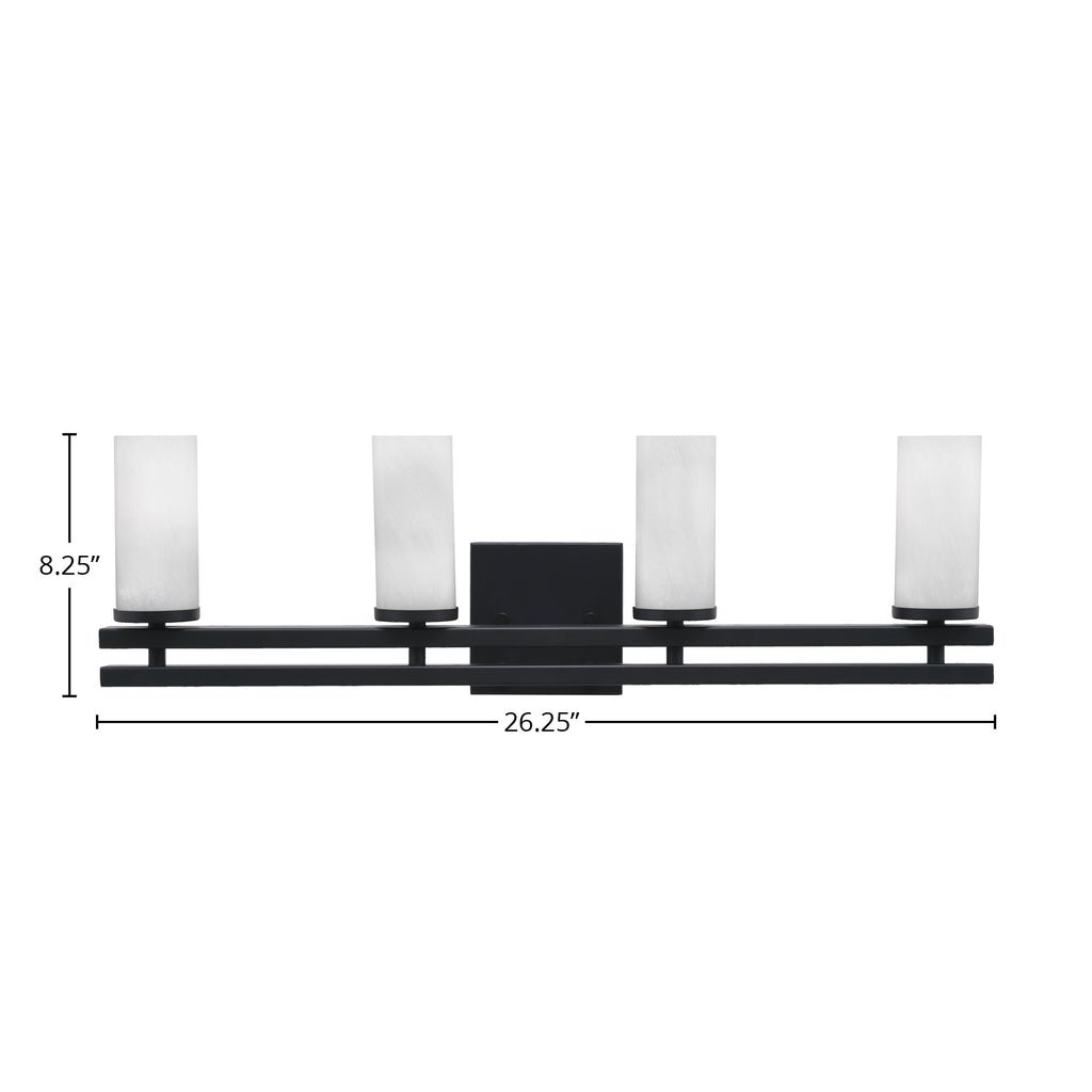 Belmont Four Light Bath Bar in Matte Black with 2.5" White Marble Shade