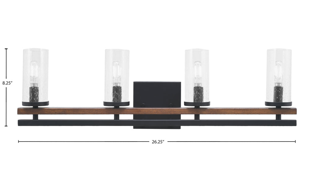 Belmont Four Light Bath Bar in Matte Black & Painted Wood-look Metal with 2.5" Clear Bubble Shade