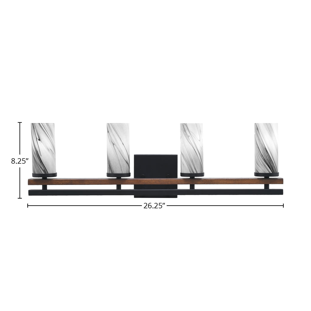 Belmont Four Light Bath Bar in Matte Black & Painted Wood-look Metal with 2.5" Onyx Swirl Shade