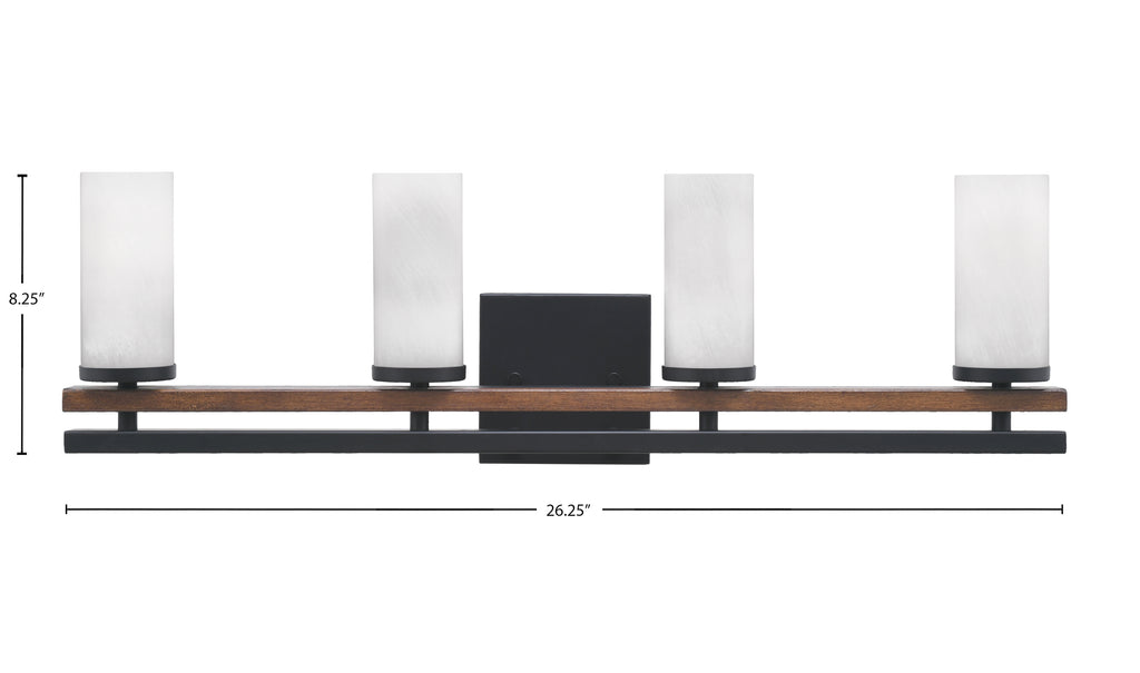 Belmont Four Light Bath Bar in Matte Black & Painted Wood-look Metal with 2.5" White Marble Shade