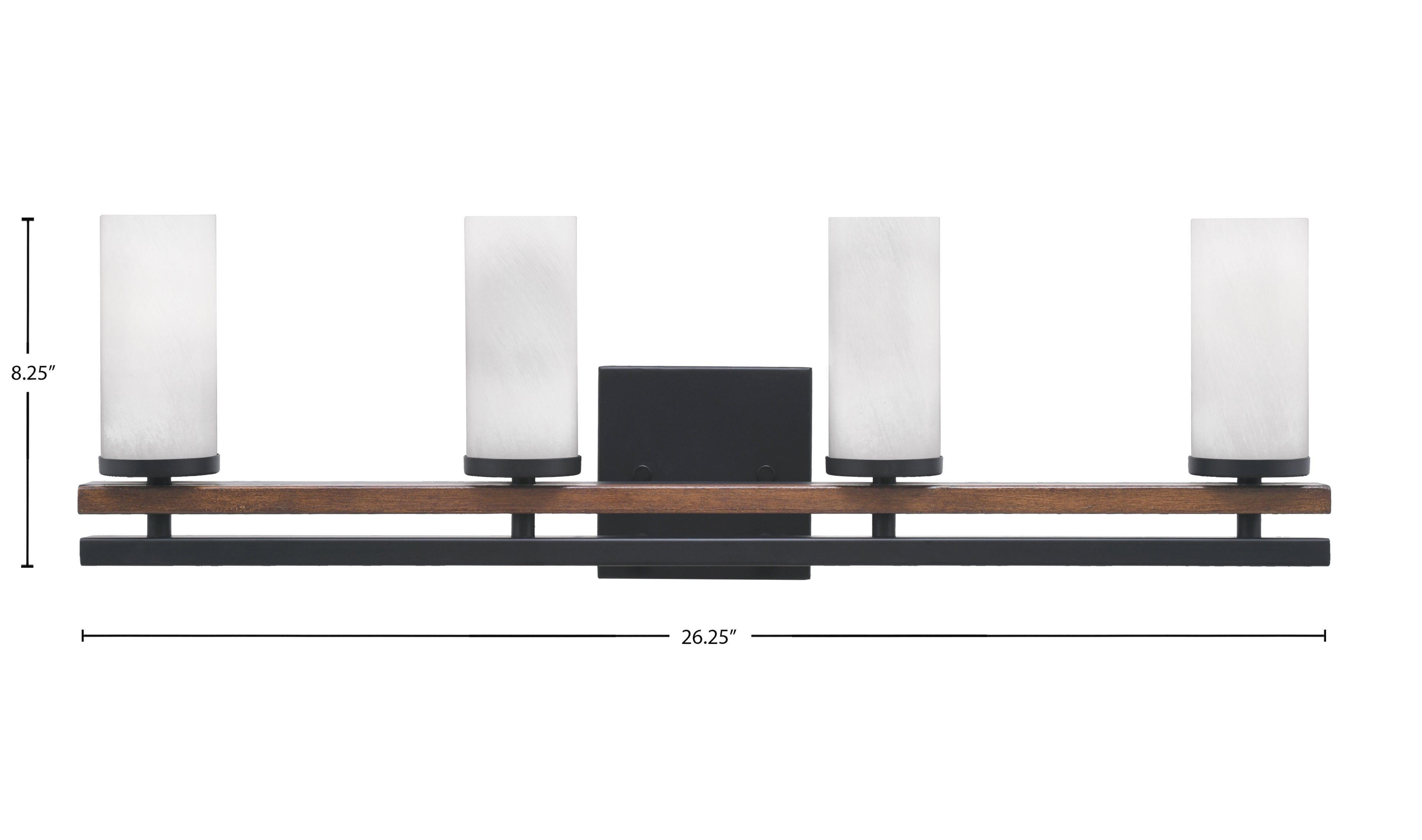 Belmont Four Light Bath Bar in Matte Black & Painted Wood-look Metal with 2.5" White Marble Shade